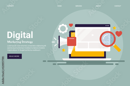 Digital branding, internet marketing strategy, social media and seo optimization, website traffic concept. Flat design web banner with text.