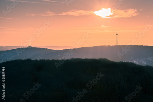 Stuttgart Sunrise Silhouette, TV Tower against golden sky