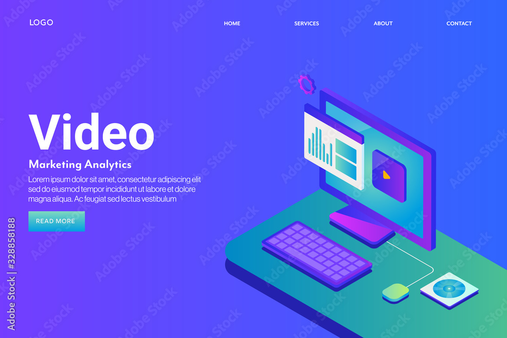 Video analytics - video marketing data - digital video content - isometric design concept with text. Web banner template for social media, presentation. Video analytics - video marketing data - digital video content - isometric design concept with text. Web banner template for social media, presentation.