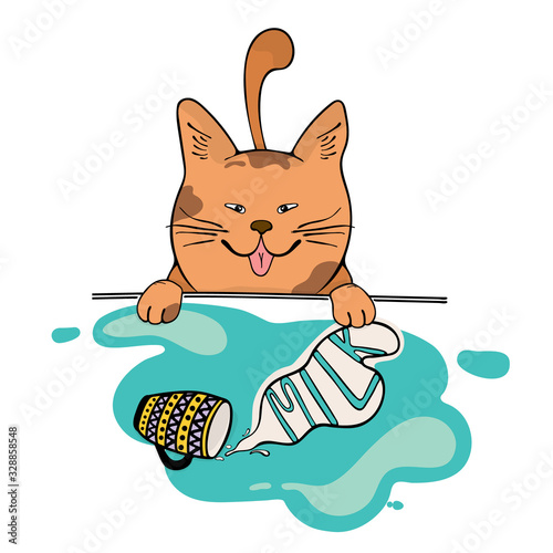 Cat and overturned cup with milk. Cute cartoon character. Element for design related to pet, animal, food and drink, funny, love. Vector illustration.