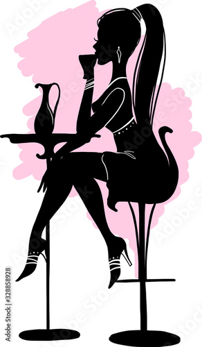 Elegant fashion silhouette of beautiful woman with a cup of coffee or tea. Beautiful silhouette for stylish and luxurious design