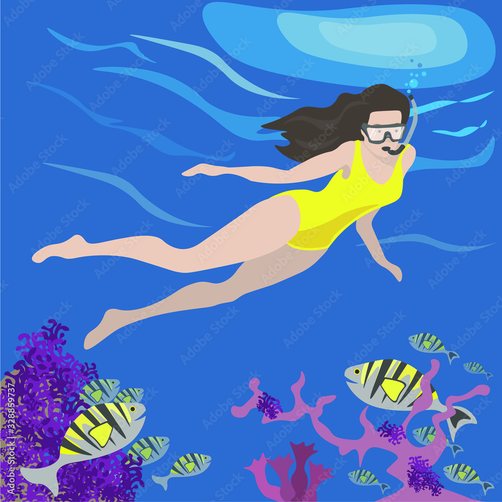 girl is engaged in snorkeling.  man swims in the sea in a mask with a snorkel.  Watch the seabed and fish. dive to the bottom of the ocean