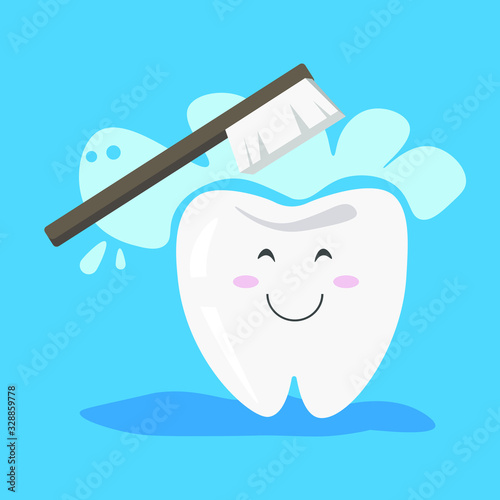 brush your teeth thoroughly.  cartoon tooth smiles when it is brushed with a toothbrush.  vector tooth on a blue background