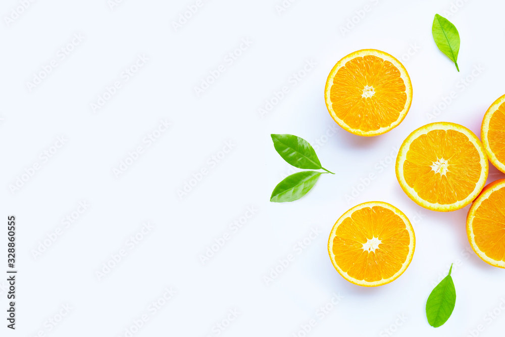 High vitamin C, Juicy and sweet. Fresh orange fruit on white. High vitamin C, Juicy and sweet. Fresh orange fruit on white.