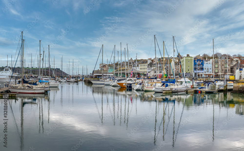 View across Sutton Harbour towards the Historic Barbican in Plymouth, Devon.