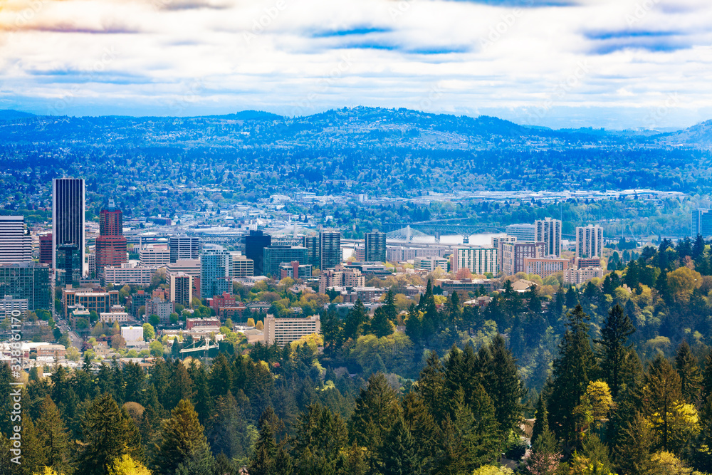 Panorama of Portland from Macleay Park and Pittock Mansion hill, Oregon, USA