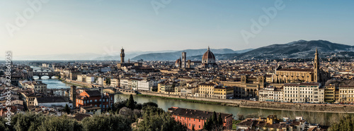 Aerial panorama of Florence from Piazzale Michelangelo overlooking the Arno river, Ponte Vecchio, Duomo and Palazzo Vecchio © contarex