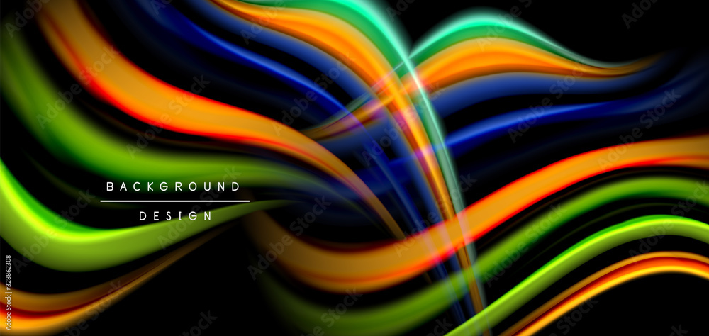Abstract silk smooth lines on black, multicolored liquid fluid rainbow style waves on black Abstract silk smooth lines on black, multicolored liquid fluid rainbow style waves on black