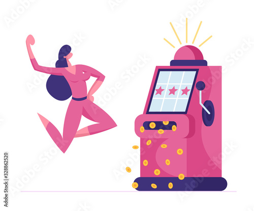 Happy Woman Character Win Jackpot on One-armed Bandit in Casino or Gaming House. Lucky Player Jumping and Rejoice with Hands Up. Las Vegas Nightlife Business Industry. Cartoon Vector Illustration