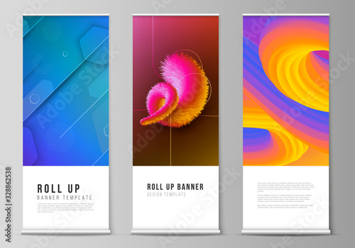 The vector illustration layout of roll up banner stands, vertical flyers, flags design business templates. Futuristic technology design, colorful backgrounds with fluid gradient shapes composition.