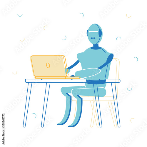 Artificial Intelligence Service in Human Life Concept. Robot Character Sitting at Desk with Computer Working in Office. Futuristic Technology, Smart Devices, Automatization. Linear Vector Illustration