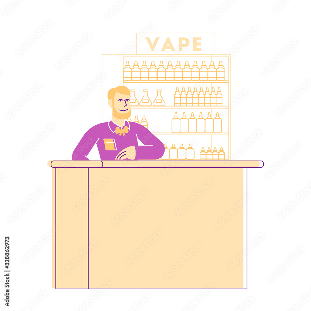 Vape Shop Business, Vaping Concept. Urban Hipster Seller Character Work in Store Selling Electronic Cigarette Production at Counter Desk with Selection of E-liquids. Linear Vector Illustration Vape Shop Business, Vaping Concept. Urban Hipster Seller Character Work in Store Selling Electronic Cigarette Production at Counter Desk with Selection of E-liquids. Linear Vector Illustration
