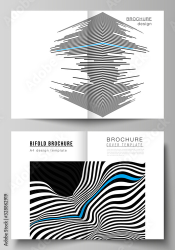 The vector layout of two A4 format modern cover mockups design templates for bifold brochure, magazine, flyer, booklet, report. Abstract big data visualization concept backgrounds with lines and cubes