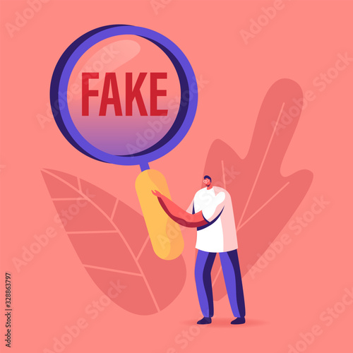 Social Media Forgery Information Concept. Male Character with Huge Magnifying Glass Looking on Fake News Typography. People Blabber, Read False Info, Spreading Scandals. Cartoon Vector Illustration