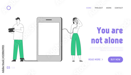 People with Gadget, Internet, Social Network Addiction Landing Page Template. Woman with Smartphone on Face, Man with Tablet Tied with Metal Chain. Characters Dependency. Linear Vector Illustration