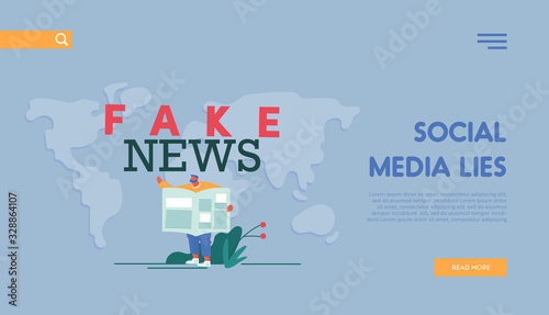 Fake News Concept for Landing Page Template. Man Character Reading Newspaper on World Map Background, Mass Media Worldwide Human Consciousness Manipulation, Gossip Info. Cartoon Vector Illustration