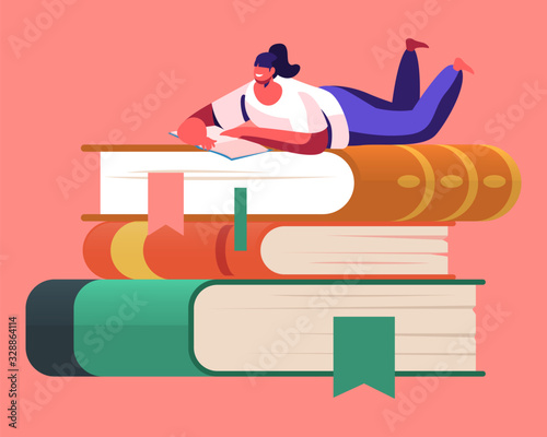 Tiny Female Character Enthusiastically Reading Lying on Huge Book Pile. Young Woman Student or Bookworm Spend Time in Library or Prepare for Examination Gaining Knowledge. Cartoon Vector Illustration