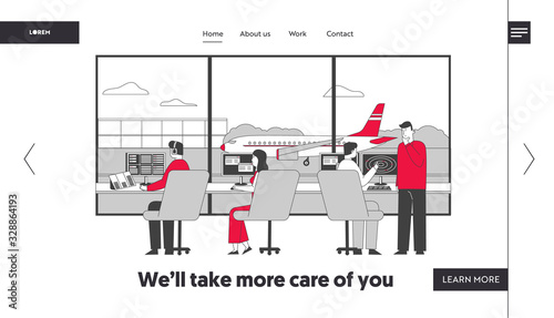 Air Controller Team Working with Plane on Runway Landing Page Template. Characters Wearing Headset Sitting in Special Area with Radar and Monitors Control Airplanes. Linear People Vector Illustration