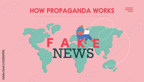 People Characters Read Fake News Concept for Landing Page Template. Girl with Laptop Sit on World Map Background Reading Social Media Information in Internet Breaking News. Cartoon Vector Illustration
