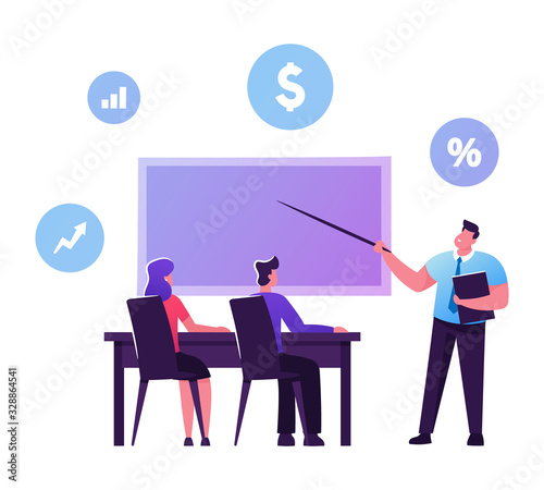 Male and Female Students Characters Sitting at Desk Rear View Listening Teacher who Explain Lesson at Blackboard with Financial Icons, Educational Loan, Scholarship. Cartoon People Vector Illustration