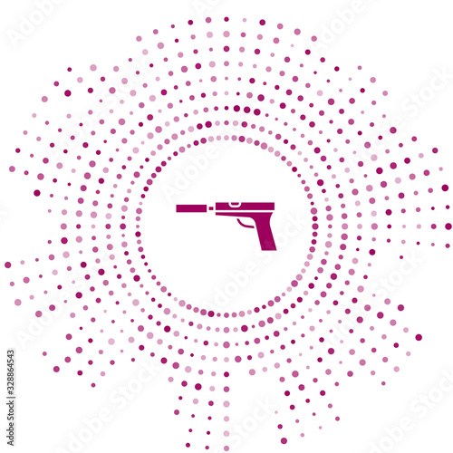 Purple Pistol or gun with silencer icon isolated on white background. Abstract circle random dots. Vector Illustration
