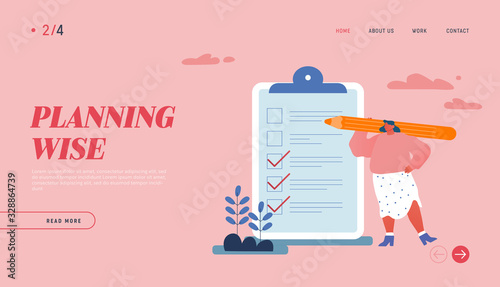 Business Lifestyle, Time Management Landing Page Template. Businesswoman Character Holding Huge Pencil near Clip Board with To-do List or Tasks for Delegating to Partners. Cartoon Vector Illustration