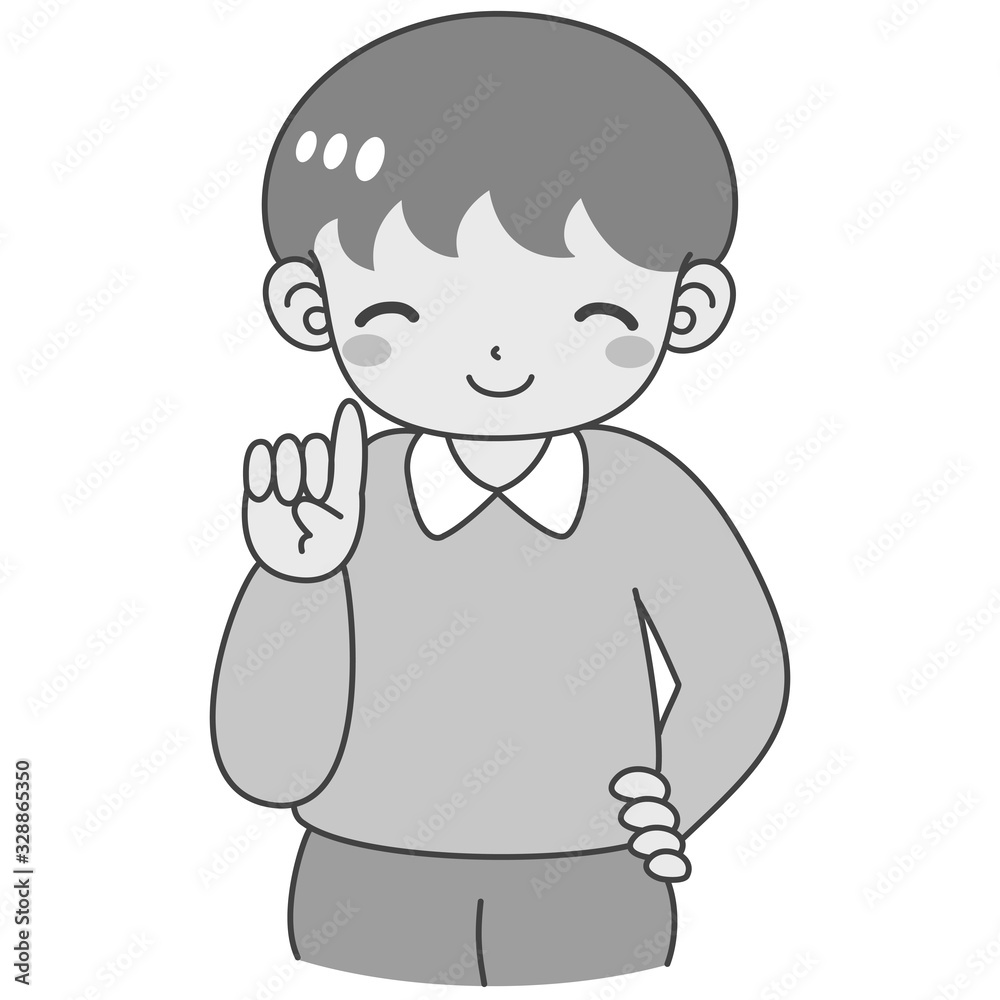 モノクロ　男の子　指を差す　笑顔　かわいい