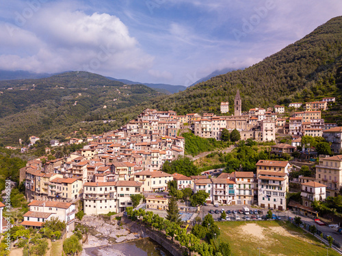 Aerial view of Small medieval village of Pigna, Liguria, Italy