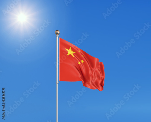 3D illustration. Colored waving flag of China on sunny blue sky background.