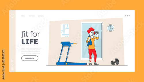 Healthy Sport Lifestyle Landing Page Template. Athletic Sportswoman Character Drinking Fresh Water Refreshing after Running on Treadmill and Fitness Sports Activity in Gym. Linear Vector Illustration