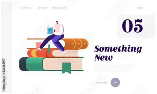 Young Man Student Prepare for Examination Landing Page Template. Tiny Male Character Bookworm Reading in Library Sitting on Huge Pile of Books in Literature Storage. Cartoon Vector Illustration
