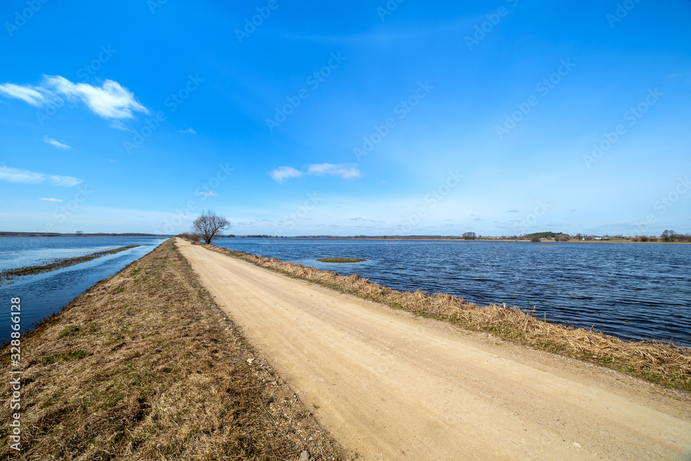 A rural landscape with a single tree and a road surrounded by water.