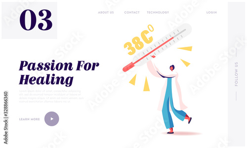 Emergency Help, Surgery Landing Page Template. Doctor Character Carry Huge Thermometer with High Temperature. Flu, Appendicitis Disease, Intestine Inflammation Symptoms. Cartoon Vector Illustration