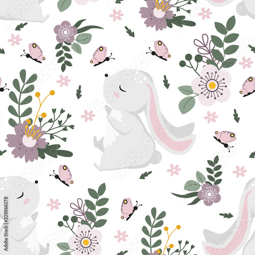 seamless pattern with easter bunny and flowers on a white background - vector illustration, eps