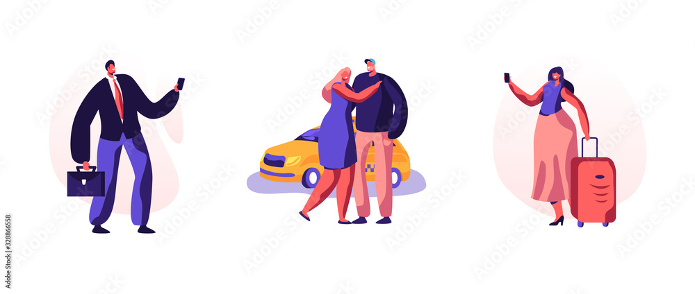 Taxi Service Set. Driver in Yellow Cab Wait and Deliver Passenger Characters with Baggage to Destination. People Ordering Taxi Car Using Application and Catching on Street. Cartoon Vector Illustration