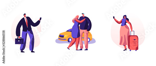 Taxi Service Set. Driver in Yellow Cab Wait and Deliver Passenger Characters with Baggage to Destination. People Ordering Taxi Car Using Application and Catching on Street. Cartoon Vector Illustration