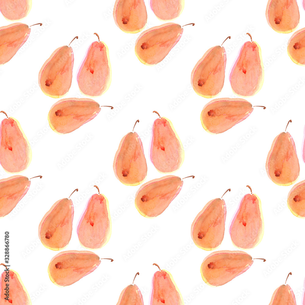 Watercolor seamless pattern with ripe pears illuminated by the sun Watercolor seamless pattern with ripe pears illuminated by the sun