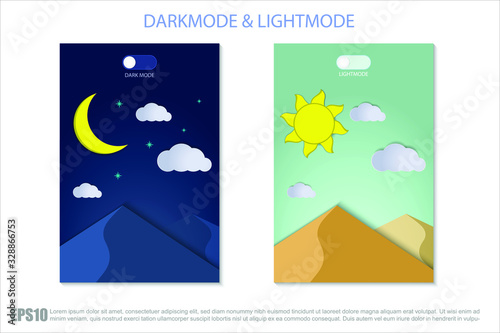 Vector On Off Switch. Dark and Light Mode Switcher for Phone Screens. Toggle Element for Mobile App with desert landscape background