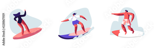 Set of Young People Surfing Recreation. Man and Woman Surfers Characters in Swim Wear Riding Big Sea Waves on Surf Board. Summertime Activity, Healthy Lifestyle, Vacation. Cartoon Vector Illustration