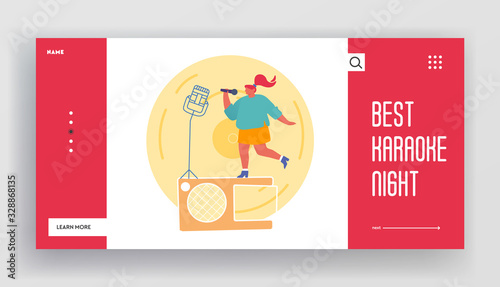 Super Star Singing Song Landing Page Template. Woman Character Cheer and Dancing on Stage Performing Composition in Karaoke Bar. Artist Singing at Music Event or Concert. Cartoon Vector Illustration