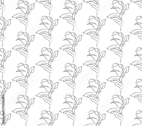Vector Hand Drawn Line Drawing Doodle Floral Seamless Pattern with Wildflowers, Plants, Branches, Leaves. Design Elements Illustration. Branding. Swatch