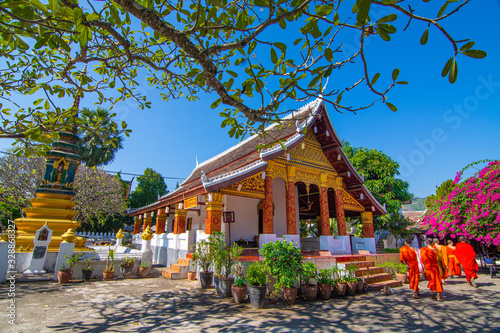 Wat Saen suk ka ram,buddish religion temple at Luang prabang Laos  in day time with monks.