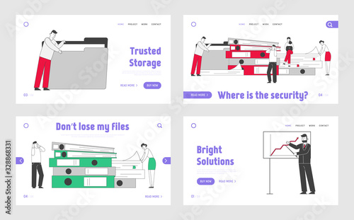 People Working with Documents, Business Presentation Landing Page Template Set. Office Workers Characters with Huge Heap of Paper Docs, Trainer Explain Finance Strategy. Linear Vector Illustration