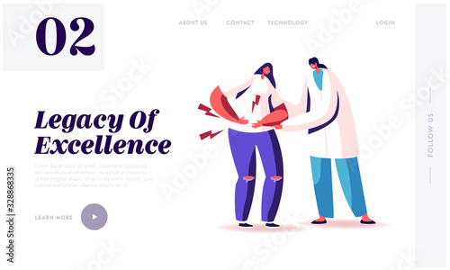 Appendicitis Inflammation Disease Landing Page Template. Doctor Character Trying to Help Sick Woman Touching Painful Stomach Suffering from Stomachache, Healthcare. Cartoon People Vector Illustration