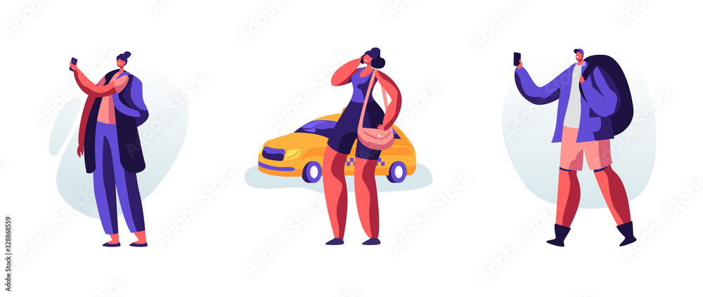 Set of Young People with Luggage Stand on Street Calling or Using Mobile App for Ordering Taxi. Customer Characters Waiting Car Outdoors. Cabbie Driver Coming for Order. Cartoon Vector Illustration