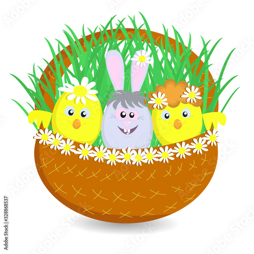 The Easter basket is brown with white flowers and a yellow center in which three Easter eggs sit on the green grass in the form of two yellow chickens and one gray with a pink rabbit.