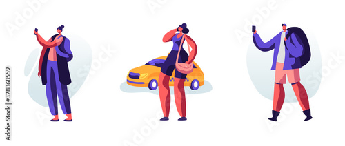 Set of Young People with Luggage Stand on Street Calling or Using Mobile App for Ordering Taxi. Customer Characters Waiting Car Outdoors. Cabbie Driver Coming for Order. Cartoon Vector Illustration