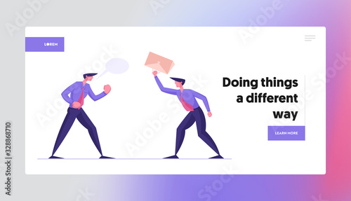Fighting for Leadership Landing Page Template Angry Businessmen Having Quarrel, Preparing to Fight Waving Fists and Arguing. Business Characters Disagreement and Battle. Cartoon Vector Illustration