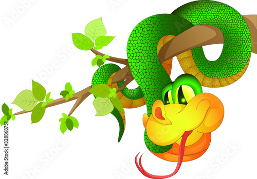Vector image of a green snake hanging on a tree branch made in cartoon style, but having a volume.