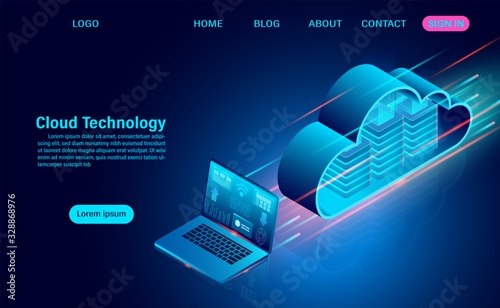Cloud technology concept. online computing technology. big data flow processing concept. isometric flat design vector illustration